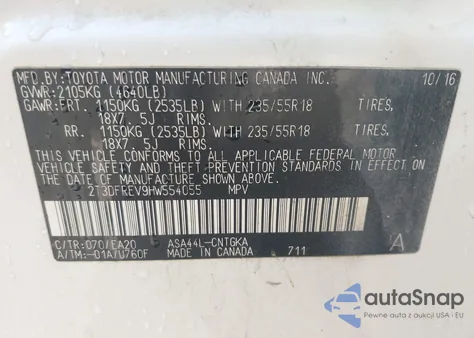 2017 Toyota Rav4 Platinum из США, поврежденный, VIN 2T3DFREV9HW554055